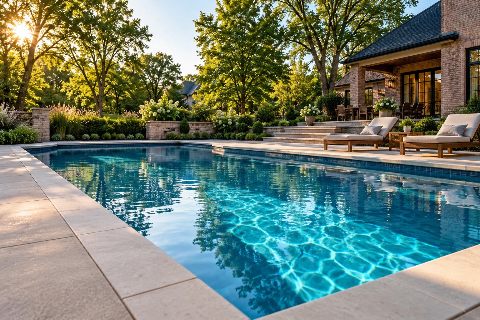 Concept illustration of a blue swimming pool with a concrete deck and stone coping